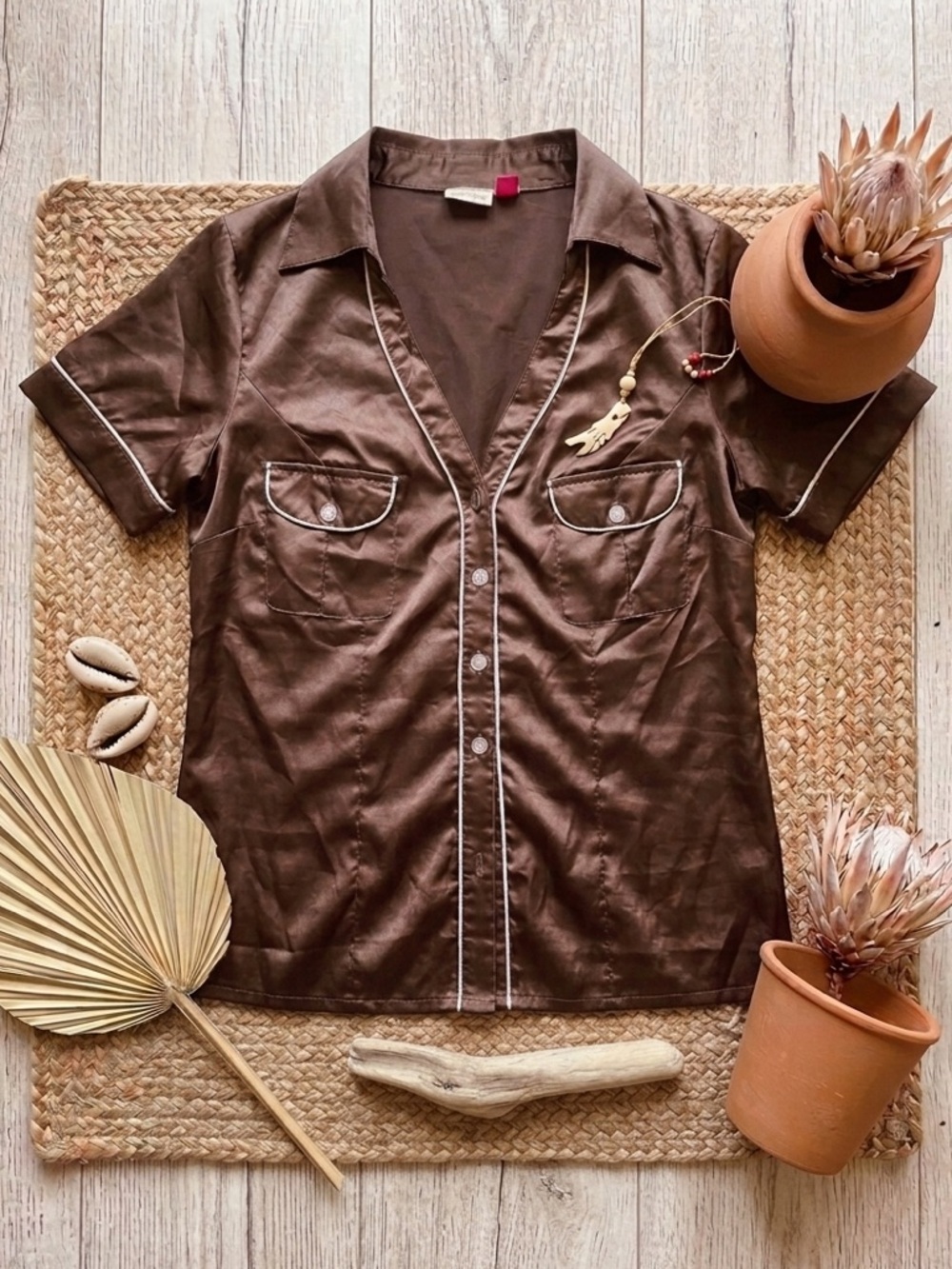 HEART & SOUL Brown Satin Short Sleeve Button Up Top Contrast Piping - Size M